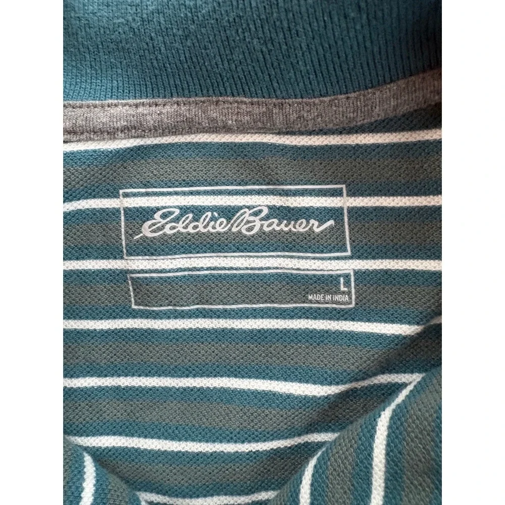 Eddie Bauer Mens Striped‎ Polo Shirt Teal White Short Sleeve Collared Size L
